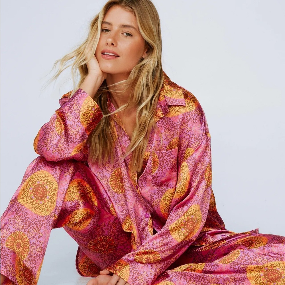 Nasty Gal Vibrant Satin Pajama Set in Pink and Orange
